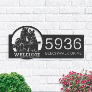 Personalized Horses Farmhouse Ranch Animal Couple Horse Welcome Address Sign House Number Plaque Custom Metal Sign 1