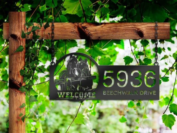 Personalized Horses Farmhouse Ranch Animal Couple Horse Welcome Address Sign House Number Plaque Custom Metal Sign