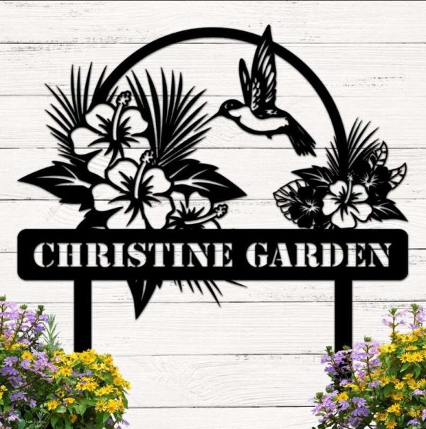 Personalized Hummingbird Hibicus Flower Garden Yard Stakes Decorative Custom Metal Sign