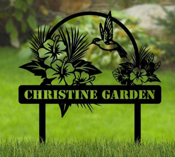 Personalized Hummingbird Hibicus Flower Garden Yard Stakes Decorative Custom Metal Sign