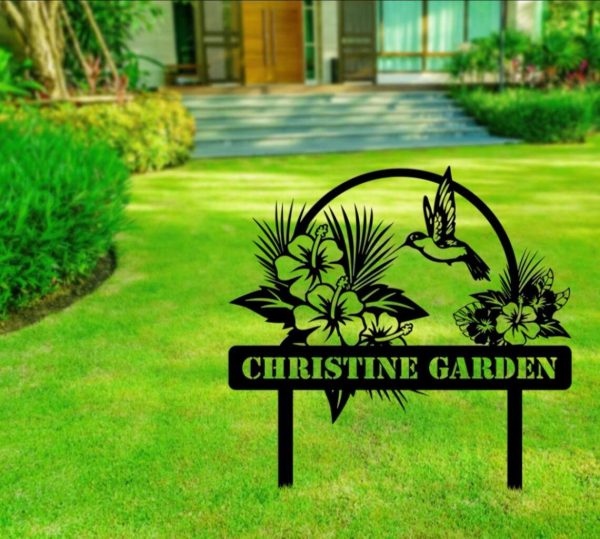 Personalized Hummingbird Hibicus Flower Garden Yard Stakes Decorative Custom Metal Sign