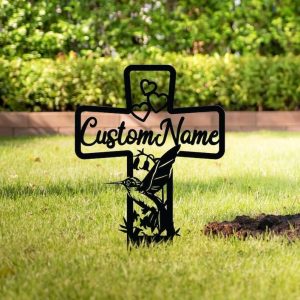 Personalized Hummingbird Memorial Cross Sign Yard Stakes Grave Marker Cemetery Decor Custom Metal Sign 1