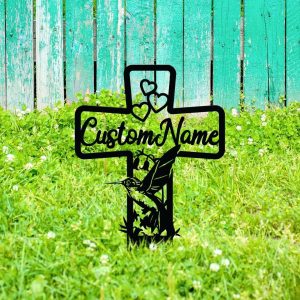 Personalized Hummingbird Memorial Cross Sign Yard Stakes Grave Marker Cemetery Decor Custom Metal Sign 2