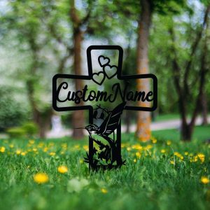 Personalized Hummingbird Memorial Cross Sign Yard Stakes Grave Marker Cemetery Decor Custom Metal Sign 3