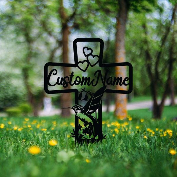 Personalized Hummingbird Memorial Cross Sign Yard Stakes Grave Marker Cemetery Decor Custom Metal Sign