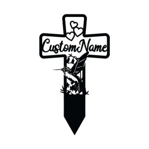 Personalized Hummingbird Memorial Cross Sign Yard Stakes Grave Marker Cemetery Decor Custom Metal Sign