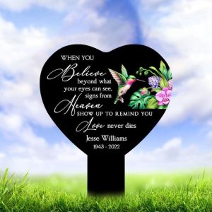 Personalized Hummingbird Memorial Sign Yard Stakes Believe Beyond What Your Eyes Can See Love Never Dies Grave Marker Cemetery Decor Custom Metal Sign 1