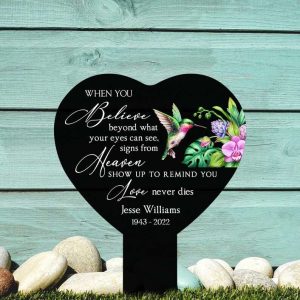 Personalized Hummingbird Memorial Sign Yard Stakes Believe Beyond What Your Eyes Can See Love Never Dies Grave Marker Cemetery Decor Custom Metal Sign 4