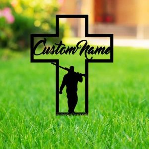 Personalized Hunter Memorial Sign Yard Stakes Hunter with Gun Grave Marker Cemetery Decor Custom Metal Sign 3