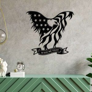 Personalized In God We Trust Eagle Sign American Flag Independence Day Veteran Day Patriotic Decor Custom Metal Sign 1