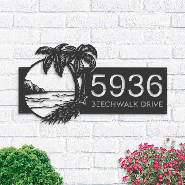 Personalized Island Beach Scene Palm Tree Address Sign House Number Plaque Custom Metal Sign