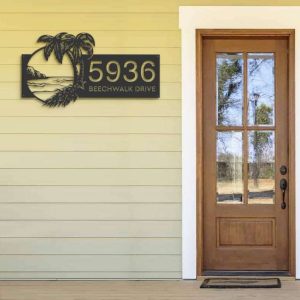 Personalized Island Beach Scene Palm Tree Address Sign House Number Plaque Custom Metal Sign 3