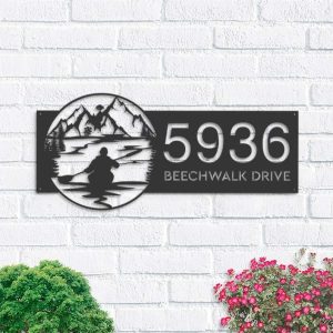 Personalized Kayaking Kayak Lake Mountain Scene Address Sign House Number Plaque Custom Metal Sign 1