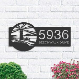 Personalized Lighthouse Beach Scene Address Sign House Number Plaque Custom Metal Sign