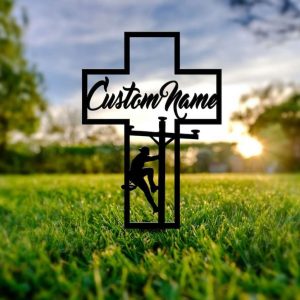 Personalized Lineman Memorial Sign Grave Marker Lineman Cross Custom Metal Sign 1