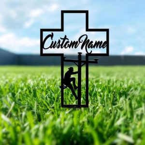 Personalized Lineman Memorial Sign Grave Marker Lineman Cross Custom Metal Sign 2