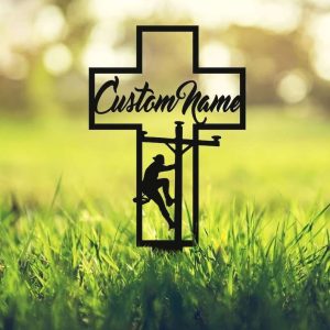 Personalized Lineman Memorial Sign Grave Marker Lineman Cross Custom Metal Sign 4