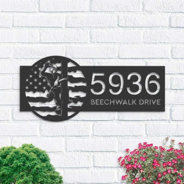 Personalized Lineman On A Pole US Flag Metal Address Sign House Number Custom Metal Sign