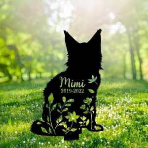 Personalized Maine Coon Cat Memorial Sign Yard Stakes Floral Maine Coon Cat Grave Marker Cemetery Decor Custom Metal Sign 1