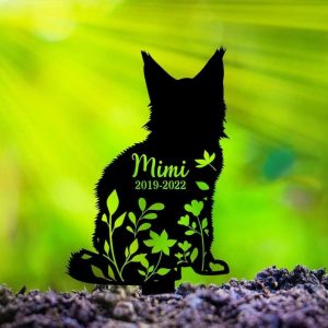 Personalized Maine Coon Cat Memorial Sign Yard Stakes Floral Maine Coon Cat Grave Marker Cemetery Decor Custom Metal Sign 2