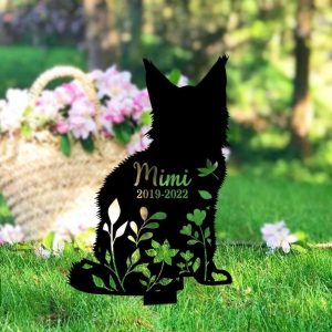 Personalized Maine Coon Cat Memorial Sign Yard Stakes Floral Maine Coon Cat Grave Marker Cemetery Decor Custom Metal Sign 4