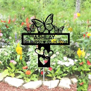 Personalized Memorial Butterfly Name Date Yard Stakes Grave Marker Cemetery Decor Custom Metal Sign