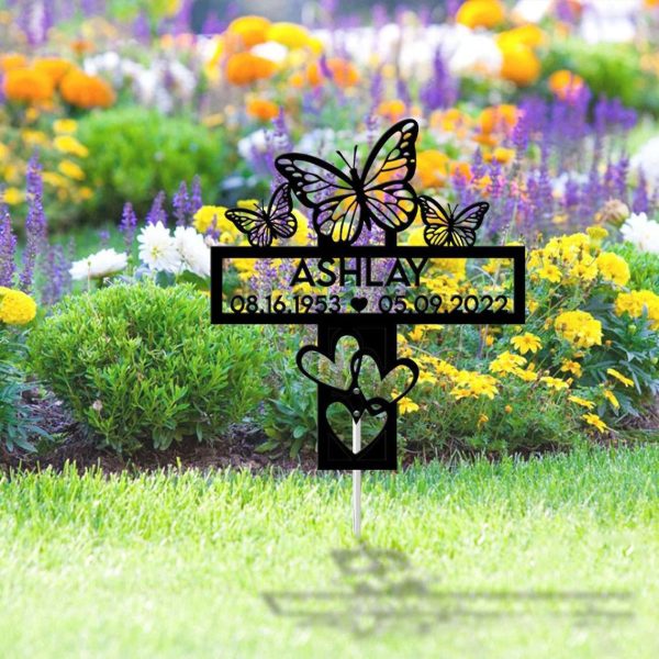 Personalized Memorial Butterfly Name Date Yard Stakes Grave Marker Cemetery Decor Custom Metal Sign