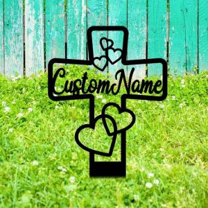 Personalized Memorial Cross with Hearts Sign Yard Stakes Grave Marker Cemetery Decor Custom Metal Sign 1