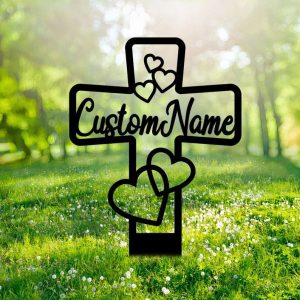 Personalized Memorial Cross with Hearts Sign Yard Stakes Grave Marker Cemetery Decor Custom Metal Sign 2