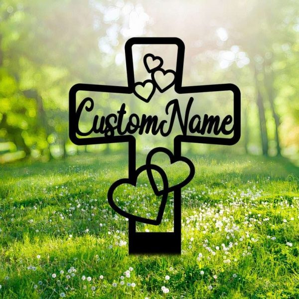 Personalized Memorial Cross with Hearts Sign Yard Stakes Grave Marker Cemetery Decor Custom Metal Sign