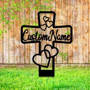 Personalized Memorial Cross with Hearts Sign Yard Stakes Grave Marker Cemetery Decor Custom Metal Sign 3