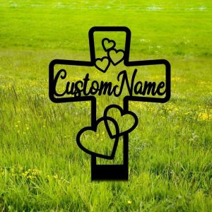 Personalized Memorial Cross with Hearts Sign Yard Stakes Grave Marker Cemetery Decor Custom Metal Sign 4