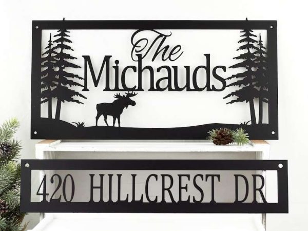 Personalized Moose Forest Address Sign Set of 2 Pieces House Number Plaque Custom Metal Sign