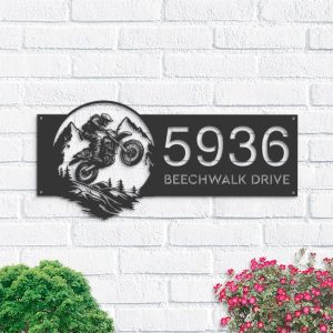 Personalized Motocross Rider Mountain Bike Climbing Address Sign House Number Plaque Custom Metal Sign 1