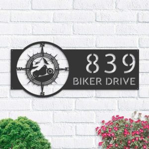 Personalized Motorcycle Mountain Compass Biker Address Sign House Number Plaque Custom Metal Sign 1