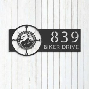 Personalized Motorcycle Mountain Compass Biker Address Sign House Number Plaque Custom Metal Sign