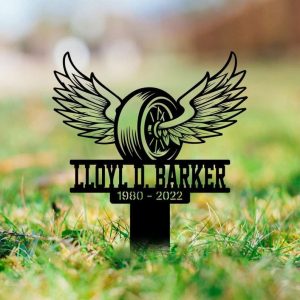 Personalized Motorcycle Wheel With Wings Memorial Sign Yard Stakes Grave Marker Cemetery Decor Custom Metal Sign 1