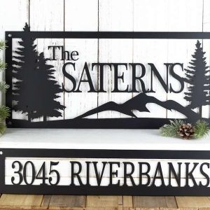 Personalized Mountain Cottage Address Sign Set of 2 Pieces House Number Plaque Custom Metal Sign