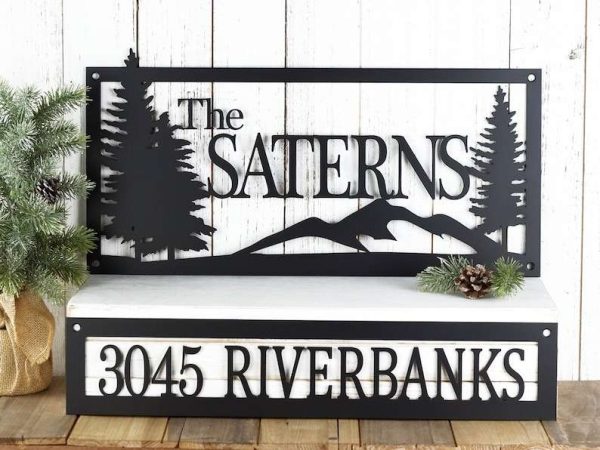 Personalized Mountain Cottage Address Sign Set of 2 Pieces House Number Plaque Custom Metal Sign