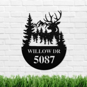 Personalized Mountain & Deer Night View Address Sign House Number Plaque Custom Metal Sign