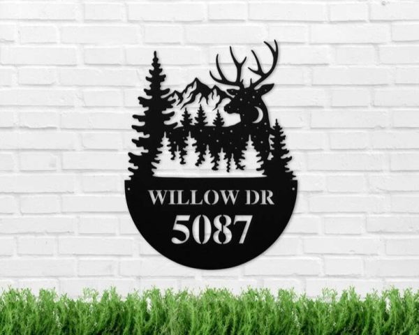 Personalized Mountain & Deer Night View Address Sign House Number Plaque Custom Metal Sign