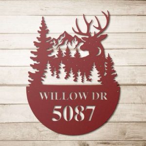 Personalized Mountain Deer Night View Address Sign House Number Plaque Custom Metal Sign 4