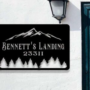 Personalized Mountain Log Cabin Address Sign House Number Plaque Custom Metal Sign 1