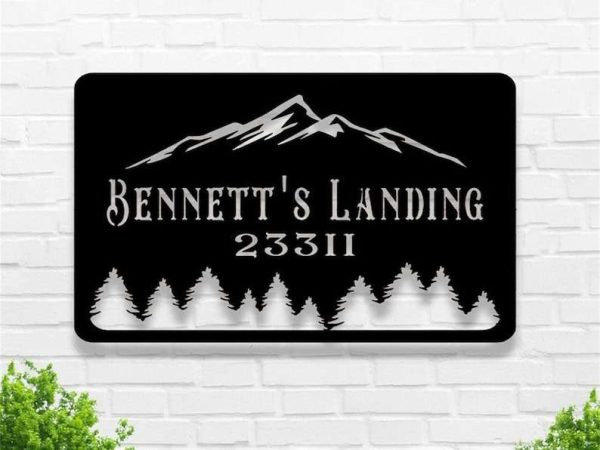 Personalized Mountain Log Cabin Address Sign House Number Plaque Custom Metal Sign