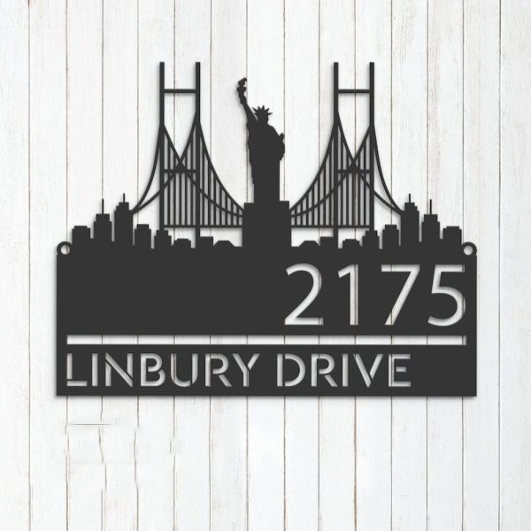 Personalized New York Statue of Liberty City Skyline Address Sign House Number Plaque Custom Metal Sign