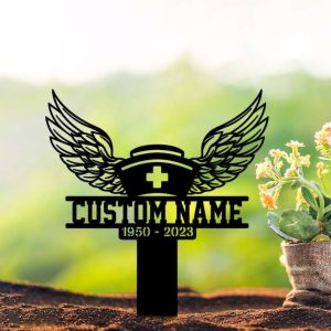 Personalized Nurse With Wings Memorial Sign Yard Stakes Grave Marker Cemetery Decor Custom Metal Sign 1