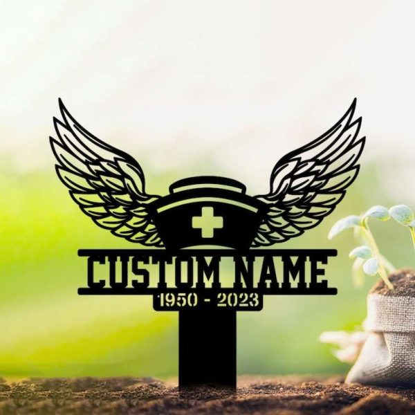 Personalized Nurse With Wings Memorial Sign Yard Stakes Grave Marker Cemetery Decor Custom Metal Sign