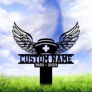 Personalized Nurse With Wings Memorial Sign Yard Stakes Grave Marker Cemetery Decor Custom Metal Sign 4