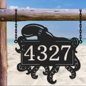 Personalized Octopus Address Sign Beach House Nautical House Number Plaque Custom Metal Sign 2