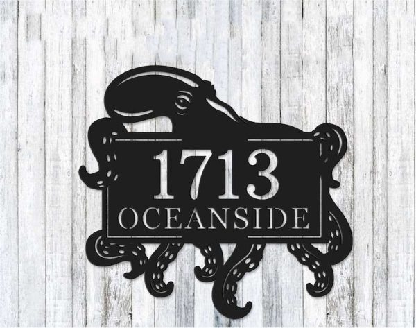 Personalized Octopus Address Sign Beach House Nautical House Number Plaque Custom Metal Sign